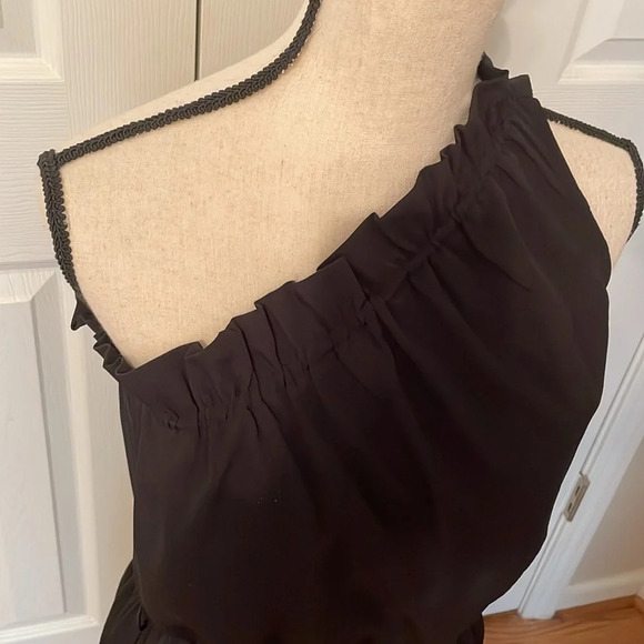 Lush Black One Shoulder Ruffled Edge Black Dress Lined Small Elastic Waist EUC - Picture 6 of 11